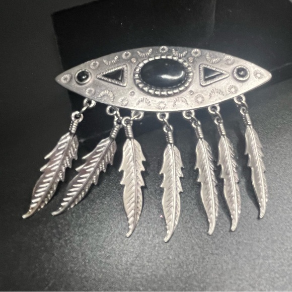 Vintage Pewter Southwestern Brooch Pin JJ Jonette Fashion Jewelry Feathers 1980s - Picture 2 of 5